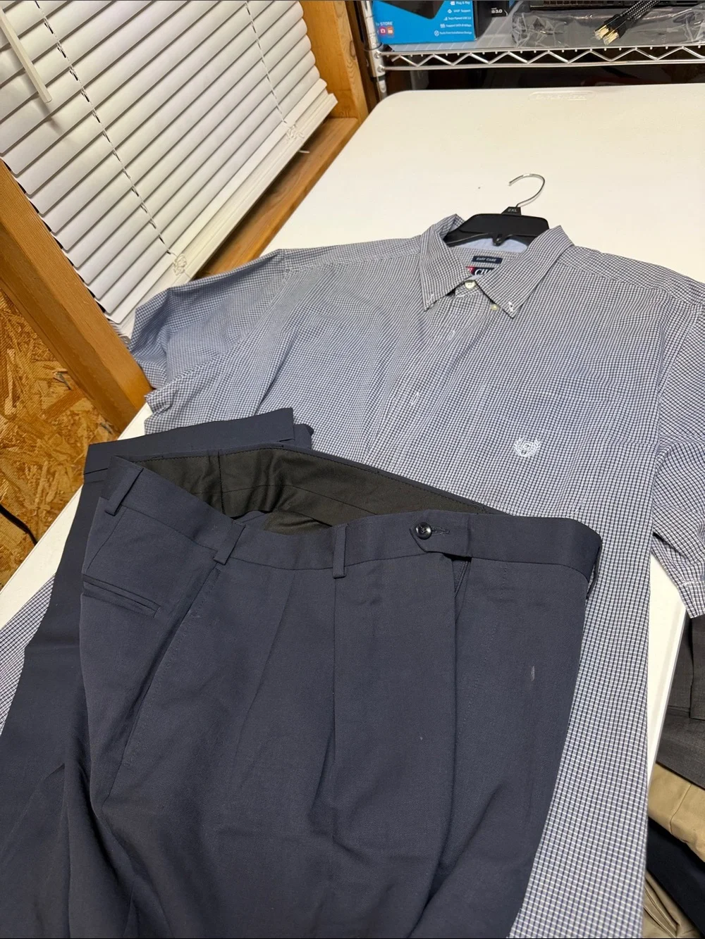 JosA.Bank Navy Dress  sz. 38 Pants with Navy Micro-Check Button-Down 2xL Shirt